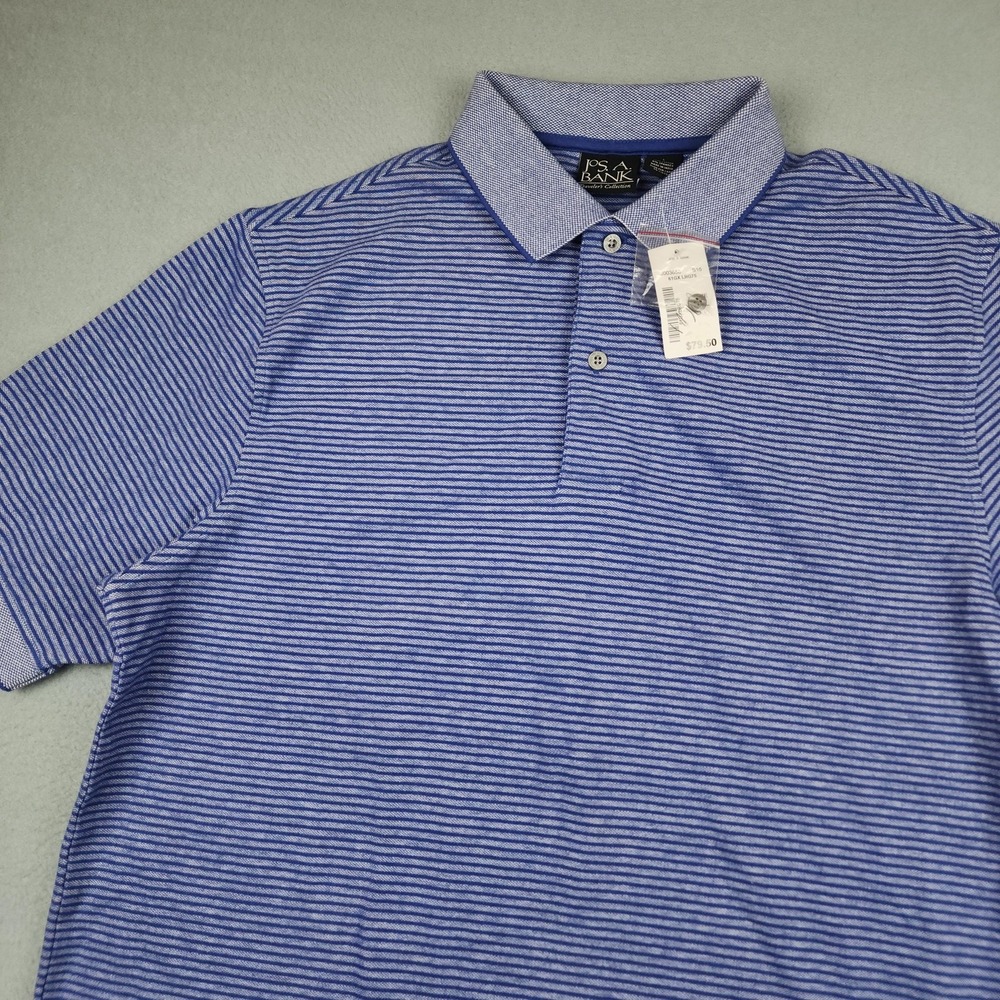 Jos A Bank Polo Shirt Mens Large Blue Stripe Traveler's Collection Stretch NWT